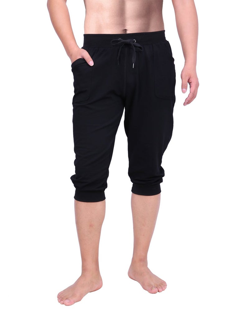 HDE Mens 3/4 Pants Workout Jogger Yoga Capri Shorts with Pockets for Running Black - Large - Image 1